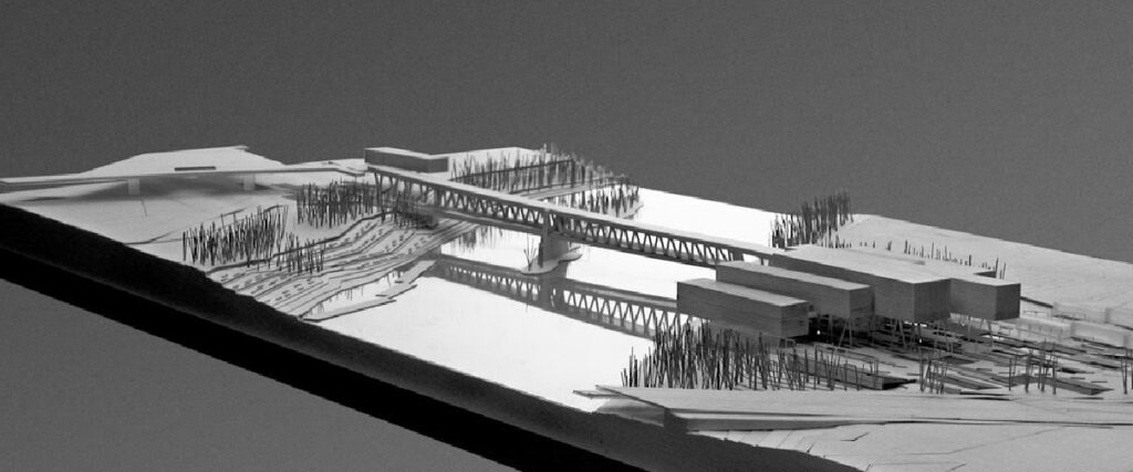 Maqueta arquitectònica en blanc i negre amb estructures lineals i vegetació esquemàtica a escala
